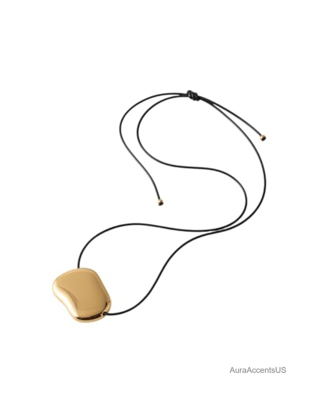 Chunky Gold Plated Necklace Pebble Pendant Adjustable Black Cord Statement